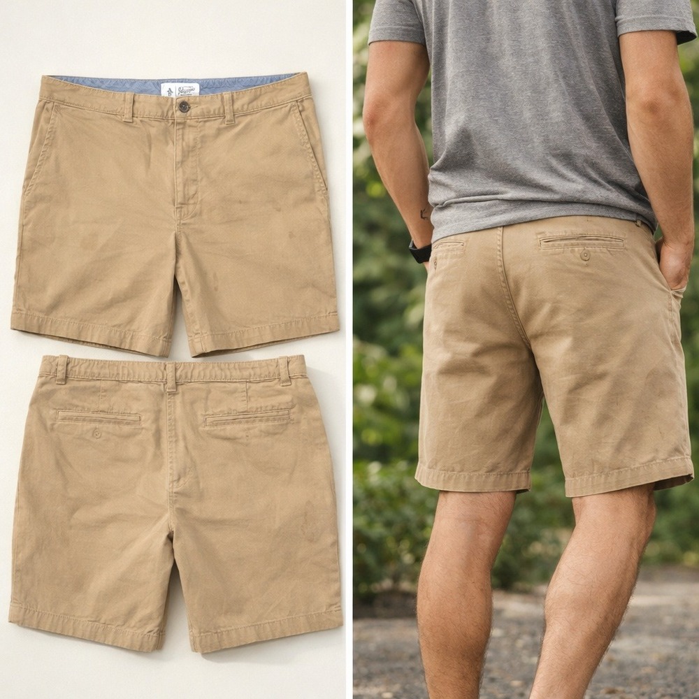Lot 2 Original Penguin Mens Khaki Chino Shorts Size 36 Tan Cotton Stretch Flat